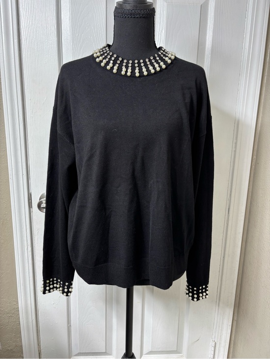 Adrianna Papell Sweaters - Black Pearl & Rhinestone Embellished Crewneck Sweater XL